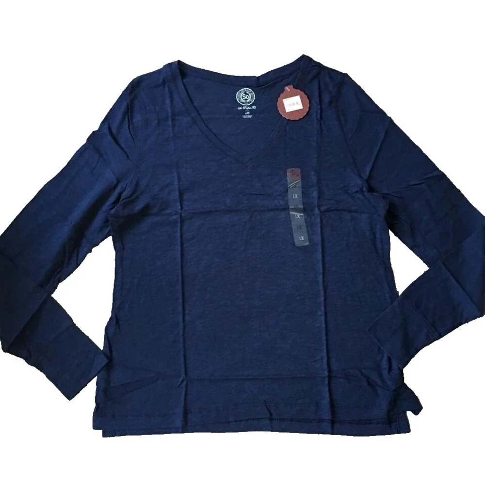 New Long Sleeve T Shirt Top Women Jr Plus 1X SO Perfect Tee V Neck Blue Cotton - Picture 1 of 5